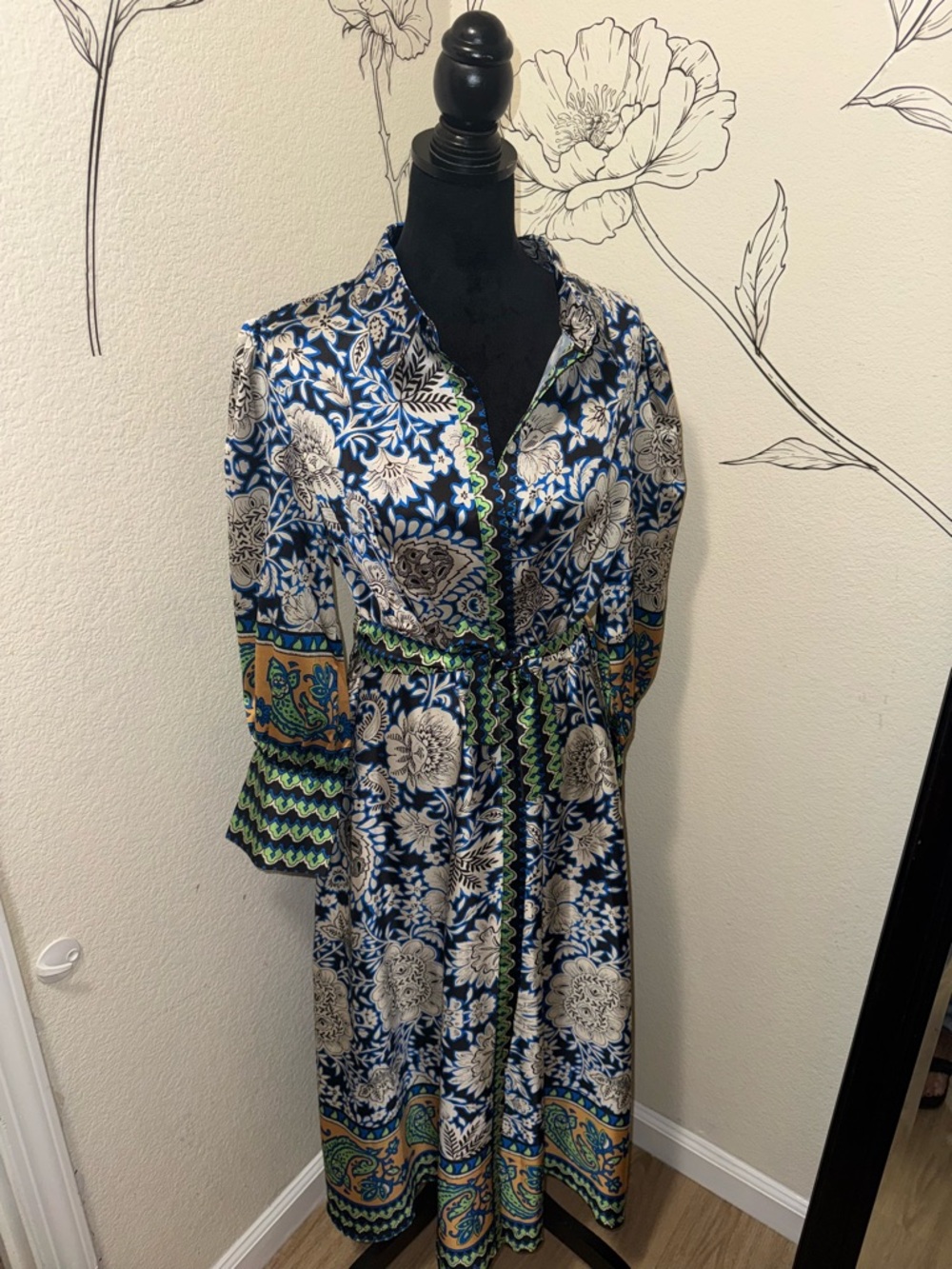 Navy & White Floral Border-Print Long Sleeve Midi Dress